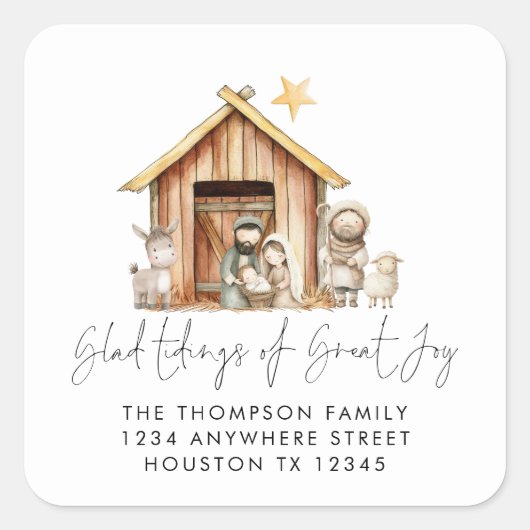 Nativity Stable Scene Carol Texte Rücksendeadresse Quadratischer Aufkleber (Vorderseite)