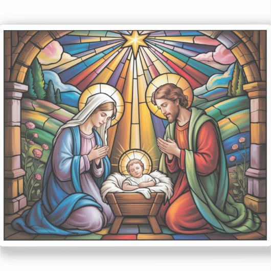 Nativity Stained Glass Art – Holy Family Christmas Aufkleber (Vorderseite)