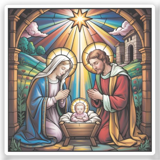 Nativity Stained Glass Art – Holy Family Christmas Aufkleber (Vorderseite)