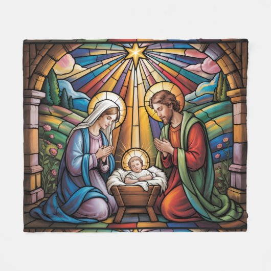 Nativity Stained Glass Art – Holy Family Christmas Fleecedecke (Vorderseite (Horizontal))