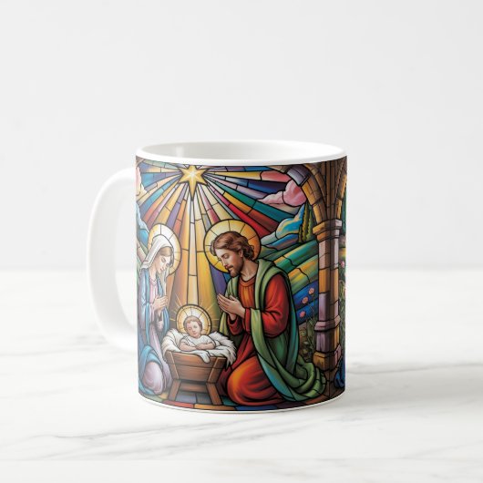 Nativity Stained Glass Art – Holy Family Christmas Kaffeetasse (Vorderseite Links)
