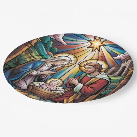 Nativity Stained Glass Art – Holy Family Christmas Pappteller (Schrägansicht)