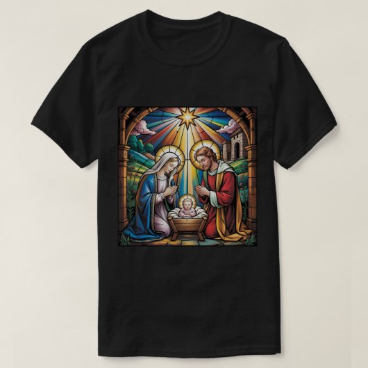 Nativity Stained Glass Art – Holy Family Christmas T-Shirt (Design vorne)