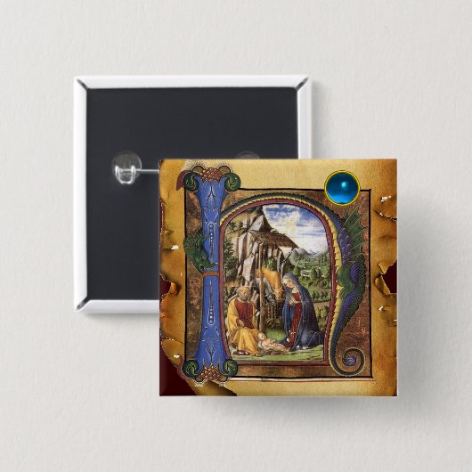 NATIVITY XMAS PARCHMENT Blue Saphir Monogramm Button (Vorne & Hinten)