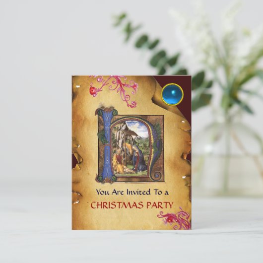 NATIVITY XMAS PARCHMENT Blue Saphir Monogramm Einladung (Stehend Vorderseite)