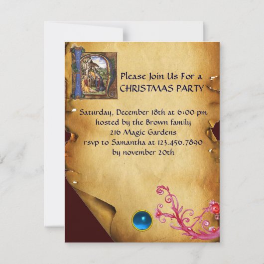 NATIVITY XMAS PARCHMENT Blue Saphir Monogramm Einladung (Rückseite)