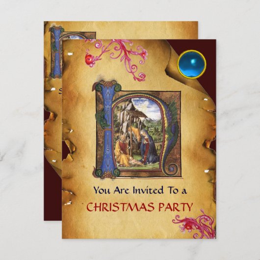 NATIVITY XMAS PARCHMENT Blue Saphir Monogramm Einladung (Vorne/Hinten)