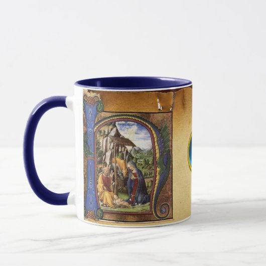NATIVITYMONOGRAM CHRISTMAS PARCHMENT Blaues Spiel Tasse (Links)