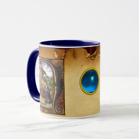 NATIVITYMONOGRAM CHRISTMAS PARCHMENT Blaues Spiel Tasse (Vorderseite Links)