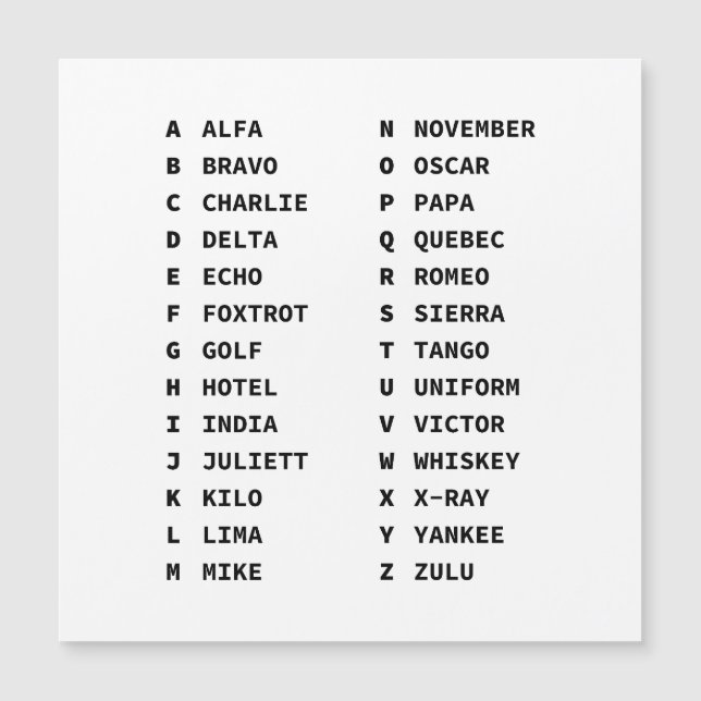 Nato Phonetic Alphabet Column Chart for Aviators Magnetkarte (Vorderseite)