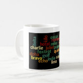 NATOlautalphabet (dunkler Hintergrund) Kaffeetasse (Vorderseite Links)