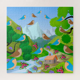 Natur Bäume Vögel Blumen Fluss Haus, Alter 10 Puzzle