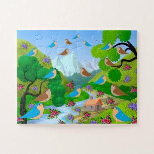 Natur Bäume Vögel Blumen Fluss Haus, Alter 4 Puzzle