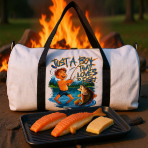Natur erkunden: Junge fischt mit großem Fang Duffle Bag