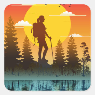 Natur Frauen Wandern Sonnenuntergang Quadratischer Aufkleber