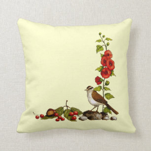 Natur-Grenze im Farbbleistift: Vogel, Hollyhocks Kissen