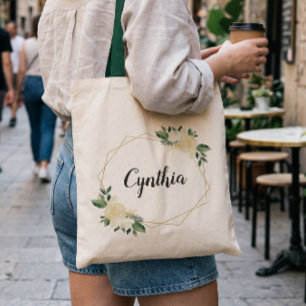 Natur Grünes Elfenbein Gold Aquarellblume Tragetasche