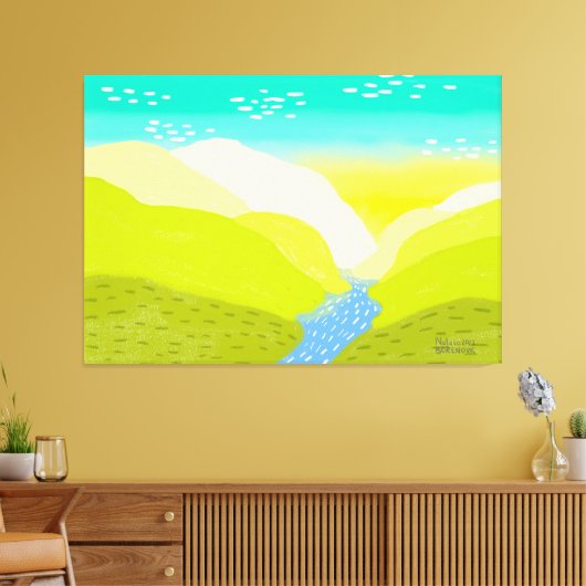 Natur lebhafte, farbenfrohe Hügel Fluss Original K Leinwanddruck (Insitu (Wohnzimmer))