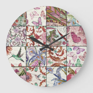 Natur-Patchwork: Chic nahtloser Hintergrund Große Wanduhr