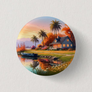 Natur-Sonnenuntergang-Gemälde mit See, Cottage Button