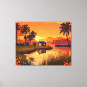 Natur Sonnenuntergang Malerei mit See, Hütte Leinwanddruck