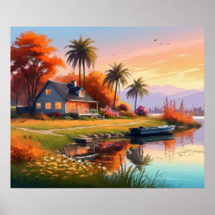 Natur Sonnenuntergang Malerei mit See, Hütte Poster