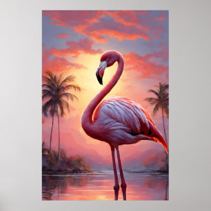 Natur Sonnenuntergang Rosa Flamingo Vintage Poster