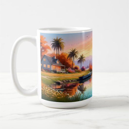 Natur-Sonnenuntergangs-Gemälde mit See, Cottage Kaffeetasse (Links)