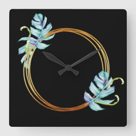 Natur-tropischer blauer GoldMonstera Blatt-Kranz Quadratische Wanduhr