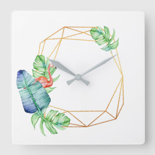 Natur-tropisches weißes Goldflamingo-Blatt Quadratische Wanduhr