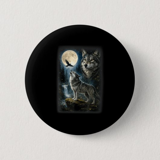 Natur Wolf Wald Bäume Wölfe Wildtier Mond Button (Vorderseite)