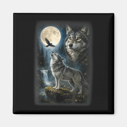Natur Wolf Wald Bäume Wölfe Wildtier Mond Magnet (Vorne)