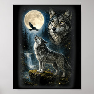 Natur Wolf Wald Bäume Wölfe Wildtier Mond Poster