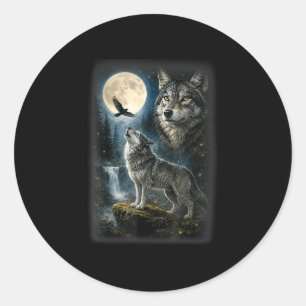 Natur Wolf Wald Bäume Wölfe Wildtier Mond Runder Aufkleber