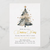 Natural Beige Blue Gold Weihnachtsbaum Folieneinladung (Vorderseite)