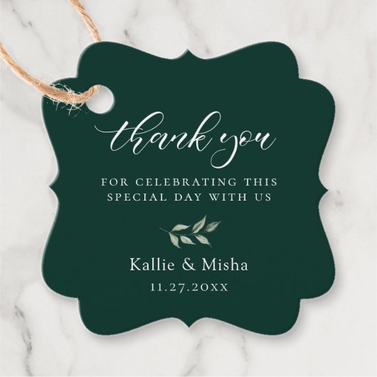 Natural Botanic Branch Emerald Wedding Vielen Dank Geschenkanhänger (Vorderseite)