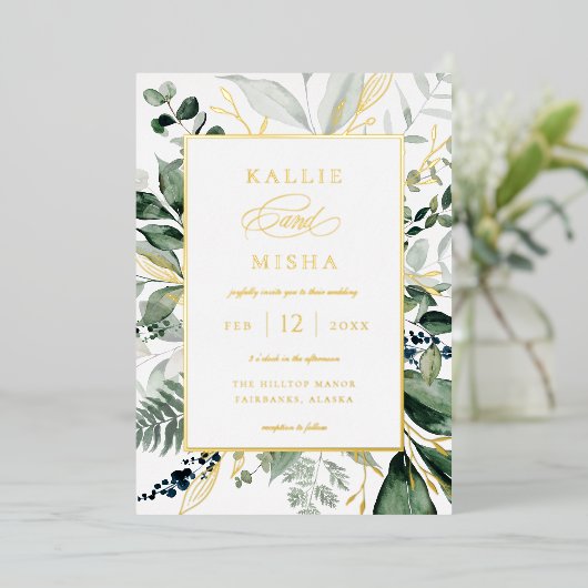 Natural Botanic Foliage Frame Emerald Wedding Folieneinladung (Stehend vorne)