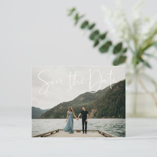 Natural Botanic Foto Script Save the Date Ankündigungspostkarte (Stehend Vorderseite)