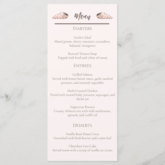 Natural Elegant Beach Seashell Flat Menu Card Menükarte (Vorderseite)