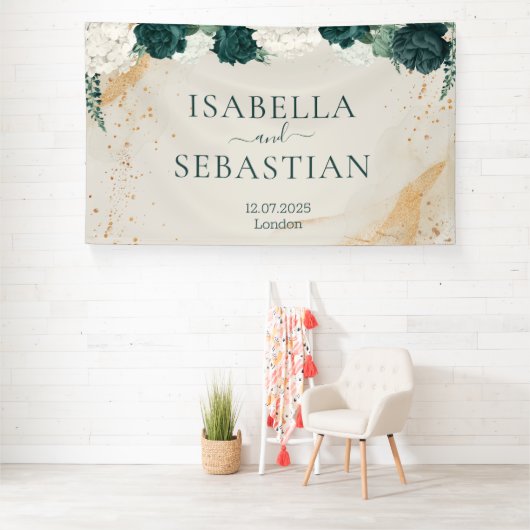 Natural Emerald Rose Beige Floral Wedding Banner (Insitu)