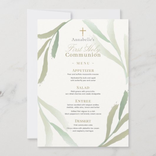 Natural Green Folies First Holy Communion Menu Einladung (Vorderseite)
