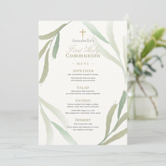 Natural Green Folies First Holy Communion Menu Einladung (Stehend Vorderseite)