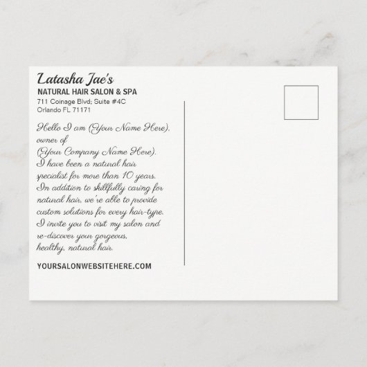 Natural Hair Care Salon Stylist Postcard Vorlage (Rückseite)