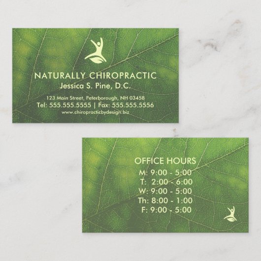 Natural Health Leaf Office Stunden Chiropraktor Visitenkarte (Vorne/Hinten)