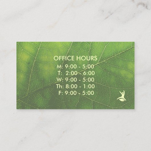 Natural Health Leaf Office Stunden Chiropraktor Visitenkarte (Rückseite)