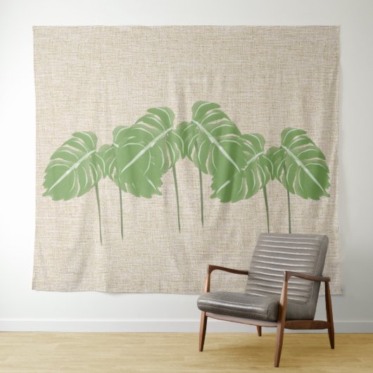 Natural Linen Texture Monstera Blätter Wasserfarbe Wandteppich (Beispiel (Horizontal))