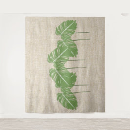Natural Linen Texture Monstera Blätter Wasserfarbe Wandteppich