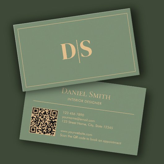 Natural Minimalist Muted Green Initials QR Code Visitenkarte