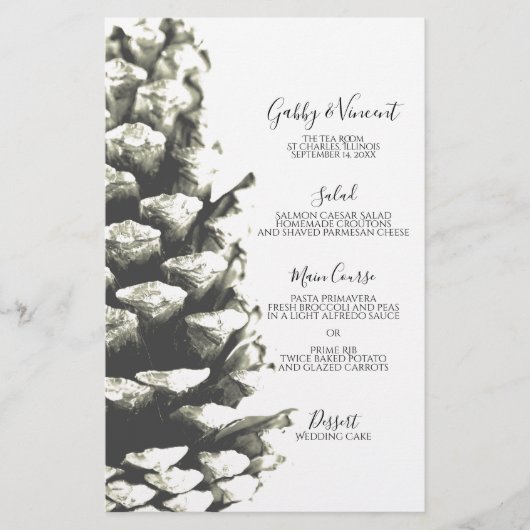 Natural Pine Cone on White Wedding Menu (Vorderseite)