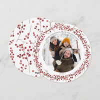 Natural Red Berry Flat Round Foto Holiday Card
